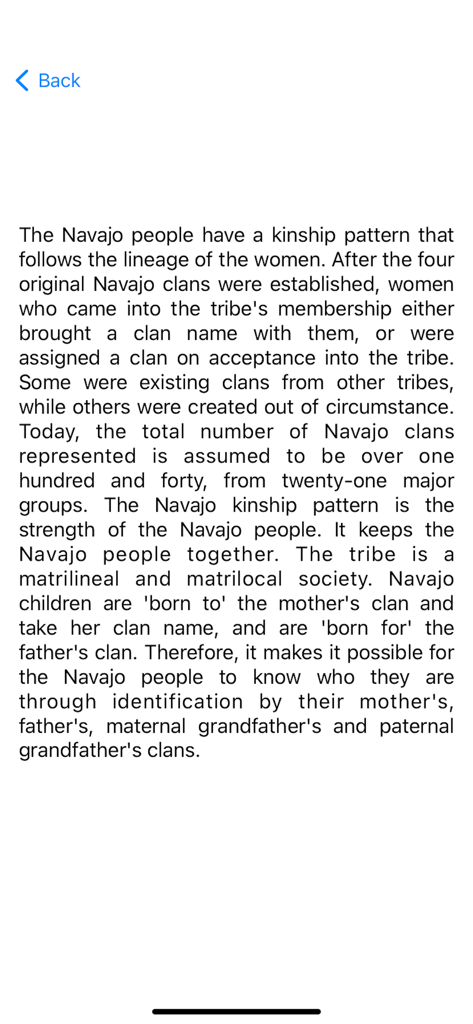 Navajo Clans Native Language - Educational text explaining the Navajo kinship pattern and matrilineal clan system