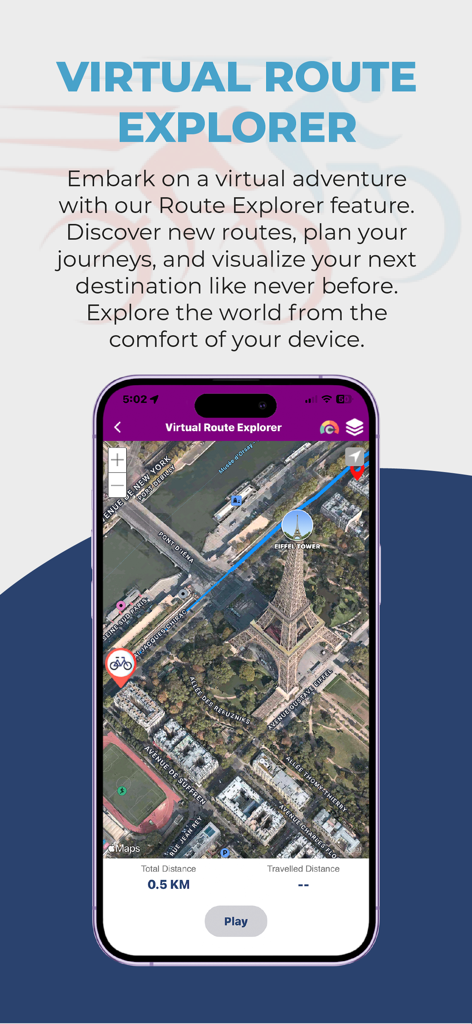 Fonctionnalité Explorateur de Parcours Virtuels de l'application Bike Mates montrant une vue en survol 3D de la Tour Eiffel