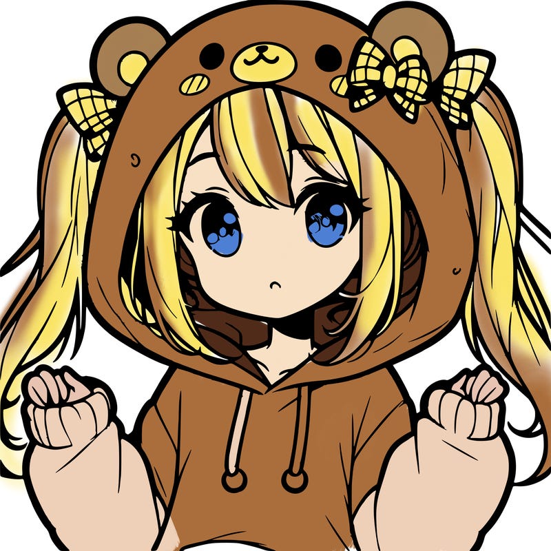cute anime girl with ponytails and a cute bear hoodie