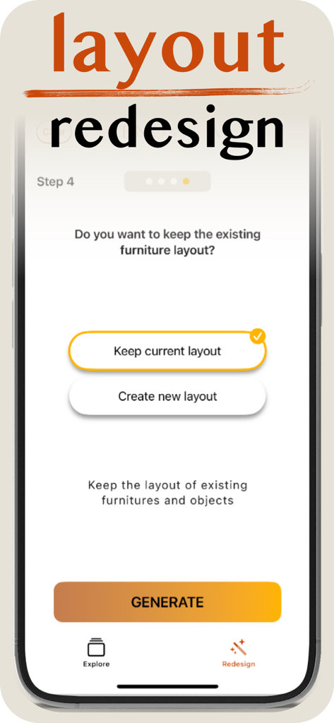 Home Design AI: Renova AI - Interface of Renova AI app showing the furniture layout redesign step with options to keep current or create new furniture layout