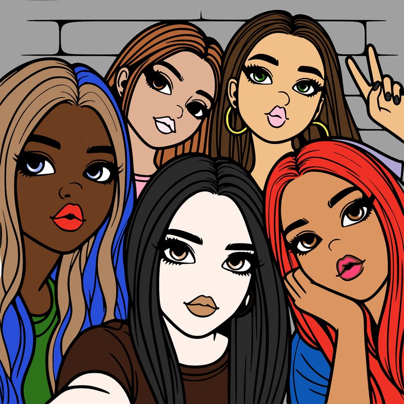 group of teen girls friends y2k up close in a selfie