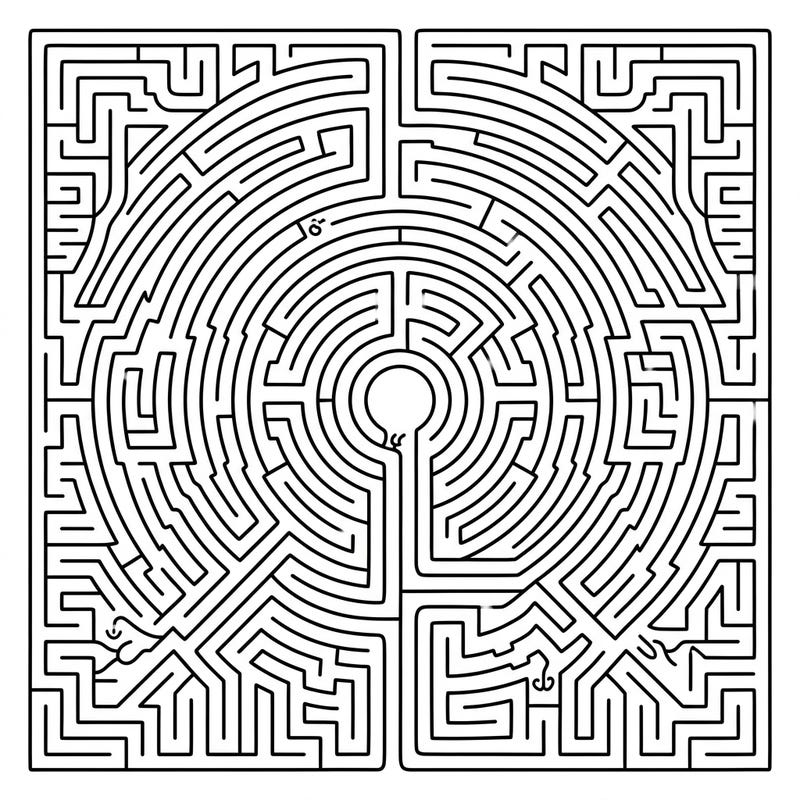Delve into history with this mesmerizing medieval labyrinth coloring page, featuring intricate patterns inspired by ancient church pavements. This complex design offers a captivating and meditative coloring challenge for all ages.