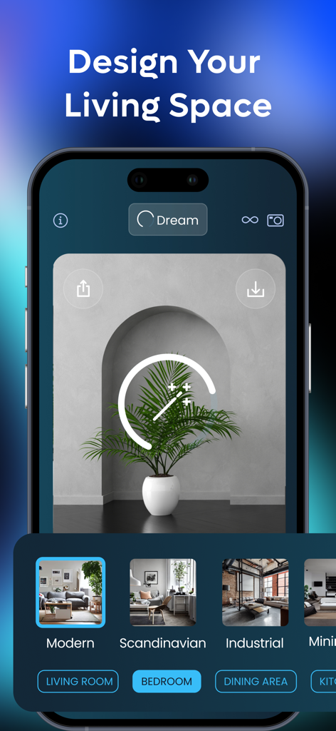 MyRoom AI - Interior Design - A smartphone screen displaying the MyRoom AI app interface with options to design a living space using various interior styles like Modern and Scandinavian.
