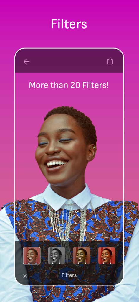 GIF Maker Studio - Create Fun - Una persona riendo en una aplicación de creación de GIFs mostrando más de 20 filtros de fotos diferentes