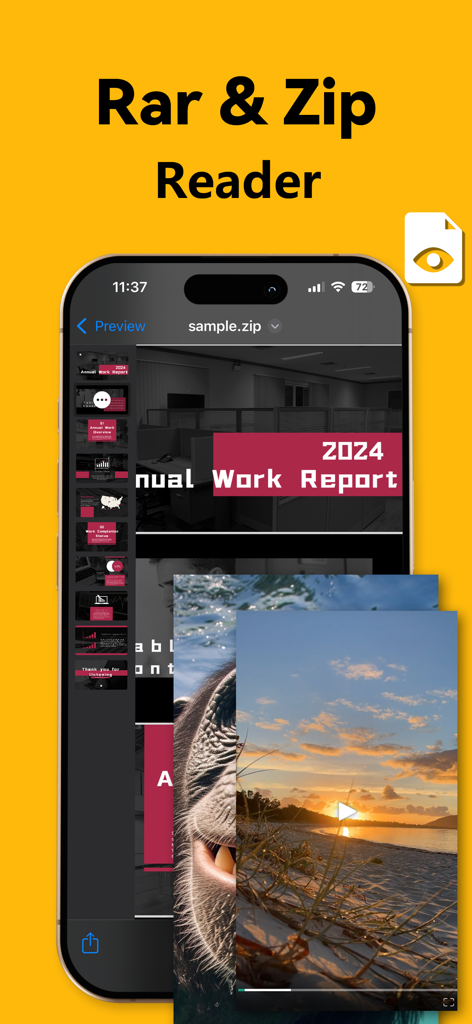 RAR & Zip Extractor - AS Unzip - RAR- und Zip-Reader-App für Mobilgeräte mit einer Dateivorschau eines Arbeitsberichts und von Mediendateien