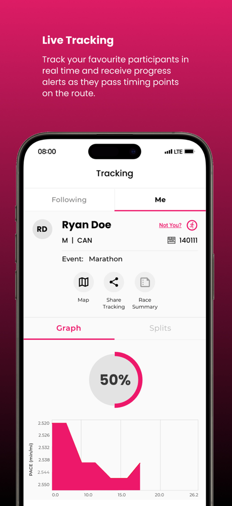 Ein Screenshot der mobilen App, der die Live-Tracking-Funktion der TCS London Marathon App mit dem Fortschritt eines Läufers bei 50 Prozent und einem Tempo-Diagramm zeigt.
