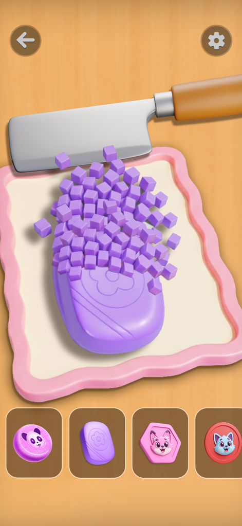 Antistress mini fidget toys - A digital soap cutting game interface showing a knife slicing a purple bar of soap into cubes for ASMR relaxation