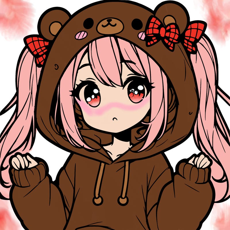 cute anime girl with ponytails and a cute bear hoodie