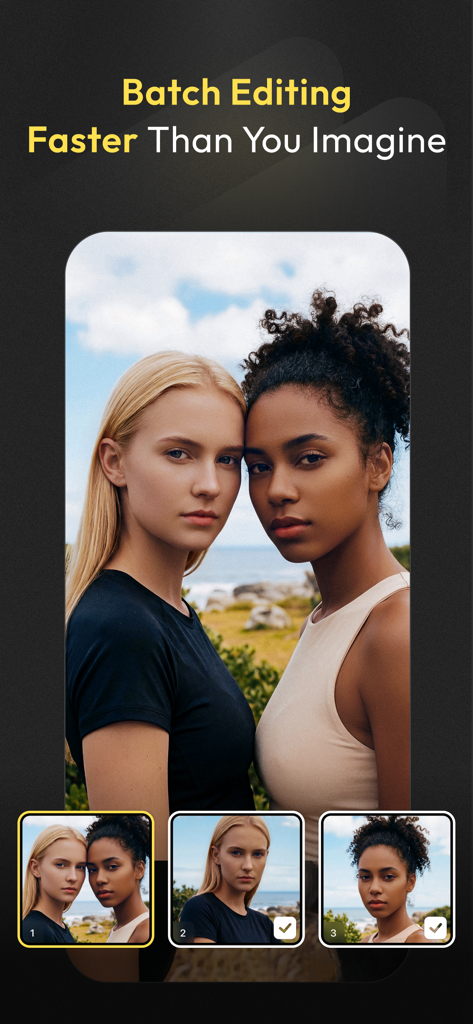 Evoto-AI Photo Editor&Retouch - Evoto AIアプリのインターフェース。プロフェッショナルポートレートのバッチ編集機能を表示