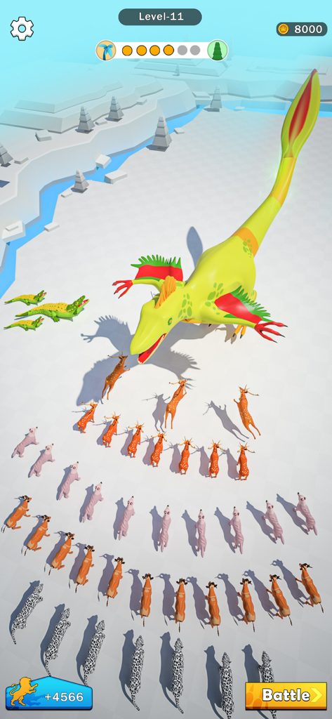 Merge Animal - Dinosaur Fight - A large yellow and red mutant dinosaur facing a formation of deer and big cats in a snowy battle arena