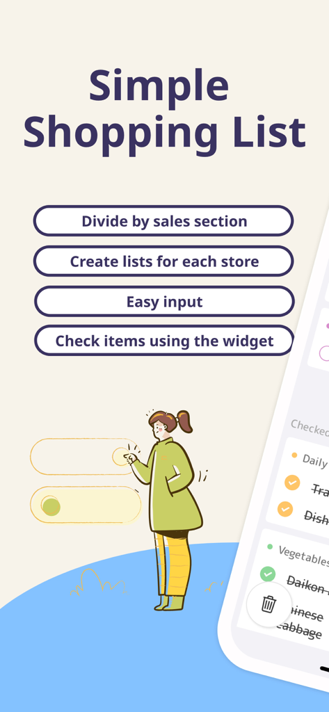 Shopii – Grocery Shopping List - Shopii 앱 인터페이스로 섹션 분할 및 매장 정리와 같은 식료품 목록 기능 강조