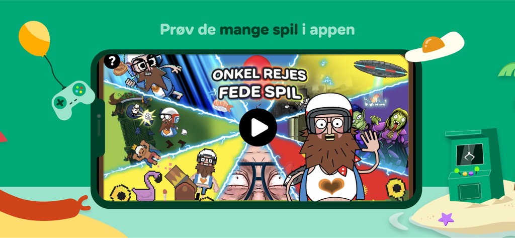 A colorful game menu in the DR Ramasjang LEG app featuring the character Onkel Reje.