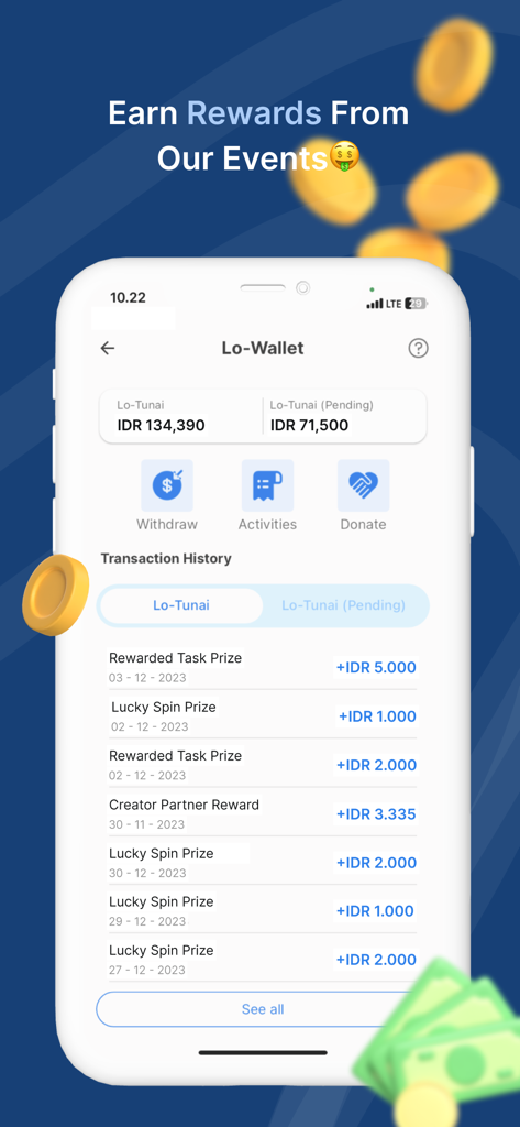 Woilo : Photo, Video, Chat - Woilo mobile app Lo-Wallet interface displaying earned rewards and transaction history