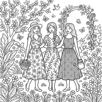 Embrace the beauty of spring with this captivating coloring page featuring three friends in elegant midi dresses. Delight in a garden full of blooming flowers and cheerful details ready for your creative touch.