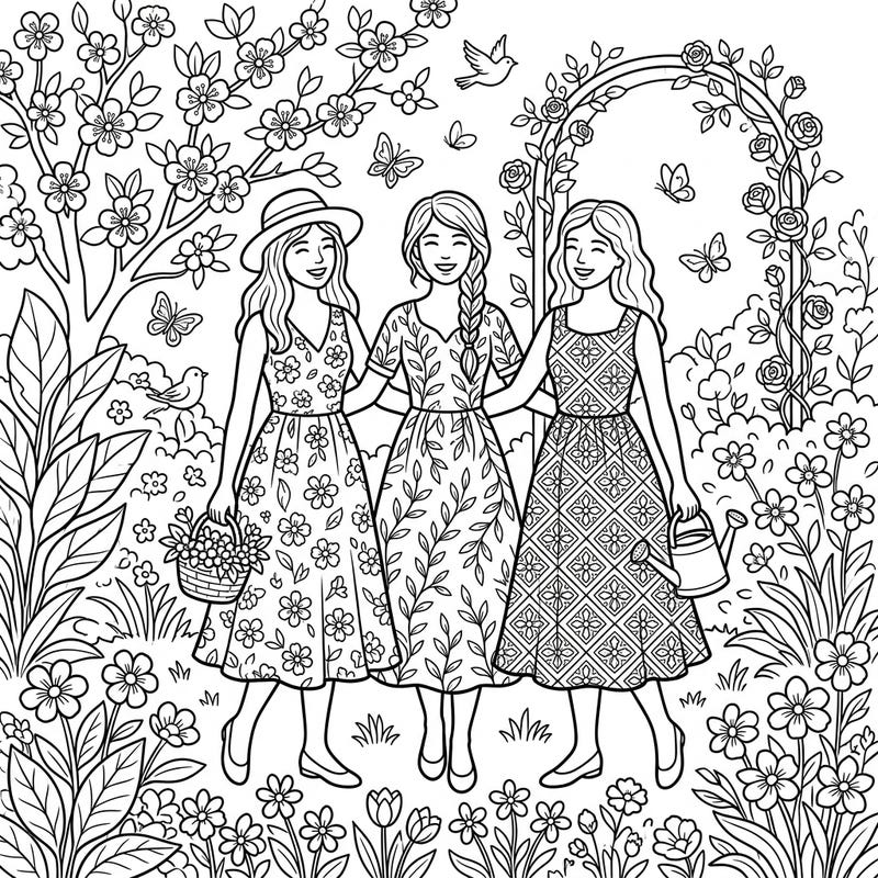 Embrace the beauty of spring with this captivating coloring page featuring three friends in elegant midi dresses. Delight in a garden full of blooming flowers and cheerful details ready for your creative touch.