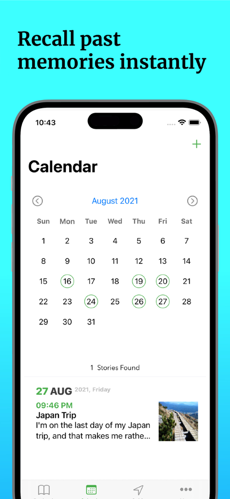Daybook: AI Journal & Diary - Daybook app calendar interface displaying recorded memories with a specific journal entry for a Japan trip.