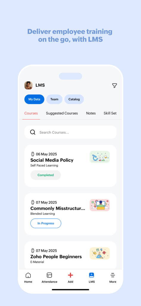 Zoho People - HR management - Zoho Peopleモバイルアプリの画面。LMSモジュールの従業員トレーニングコースが表示されています