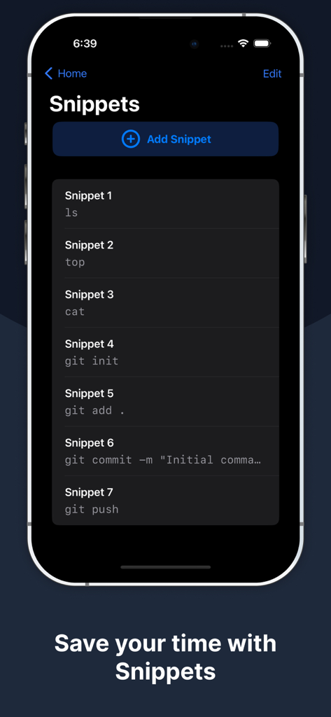 Terminux: SSH Client - Terminux app interface showing a list of saved command snippets for quick server management