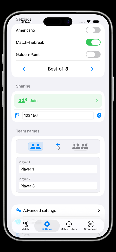 Settings screen of the Padel Watch Counter app on iPhone showing match rule toggles and team name configuration.