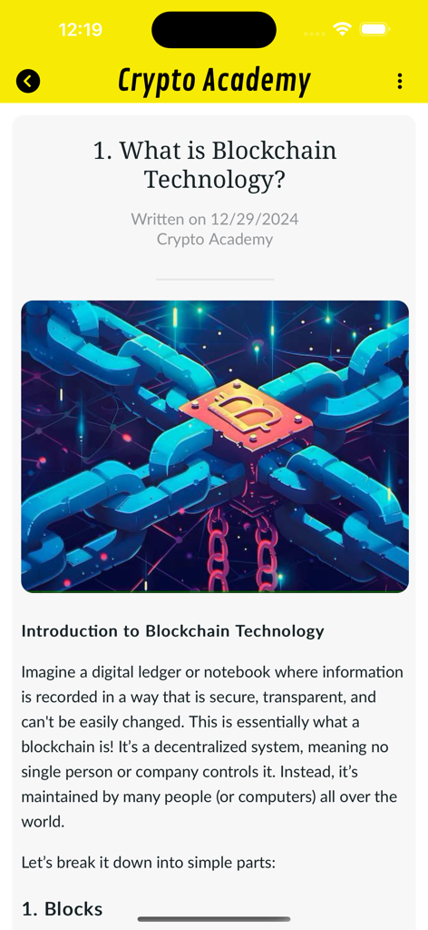 Artículo educativo en la aplicación Crypto Academy explicando los fundamentos de la tecnología blockchain.