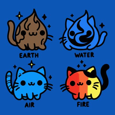 4 cats that represent the different elements, earth, water, air, and fire