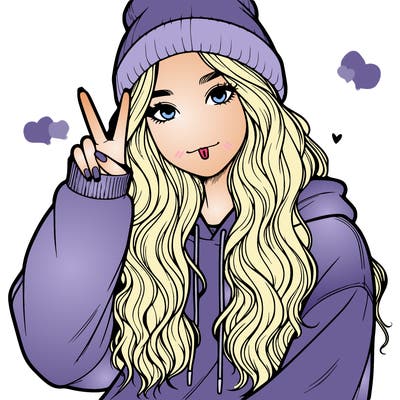 a teenage girl in a beanie, oversized sweatshirt, wavy long hair, and is showing a ✌️