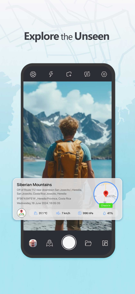 GPS Map Camera - Photo Stamp - A hiker in the mountains viewed through the app interface showing a detailed GPS location and weather data stamp overlay.