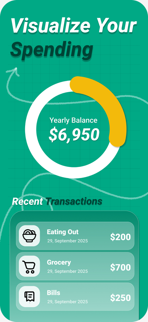 PocketBook AI App-Oberfläche, die ein Jahresbilanzdiagramm und aktuelle Transaktionen für Essen gehen, Lebensmittel und Rechnungen anzeigt.