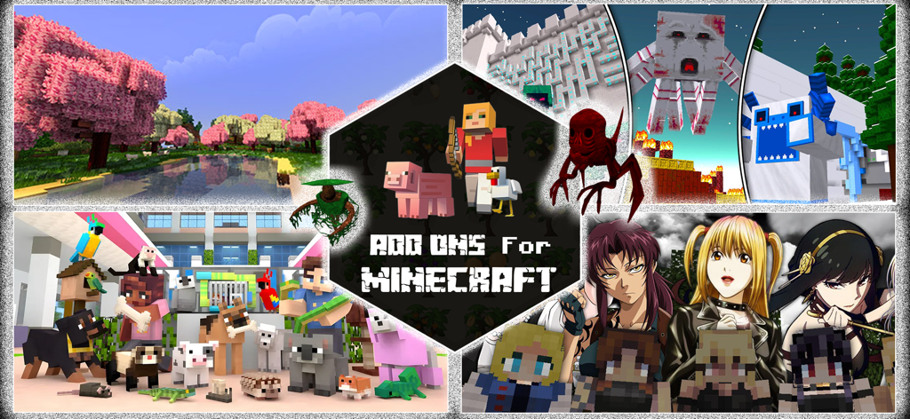 MODS FOR MINECRAFT MCPE ADDONS - Eine Collage, die verschiedene Minecraft-Mods und Addons zeigt, darunter Monster, Tiere und Anime-Charakter-Skins