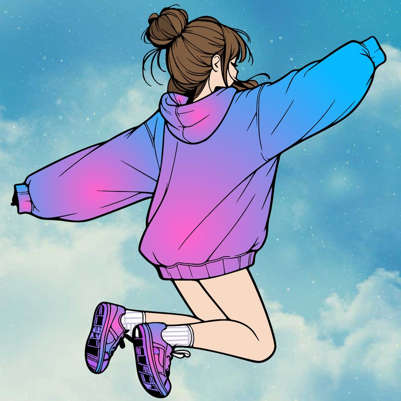 realistic girl jumping with a bun and oversized sweatshirt