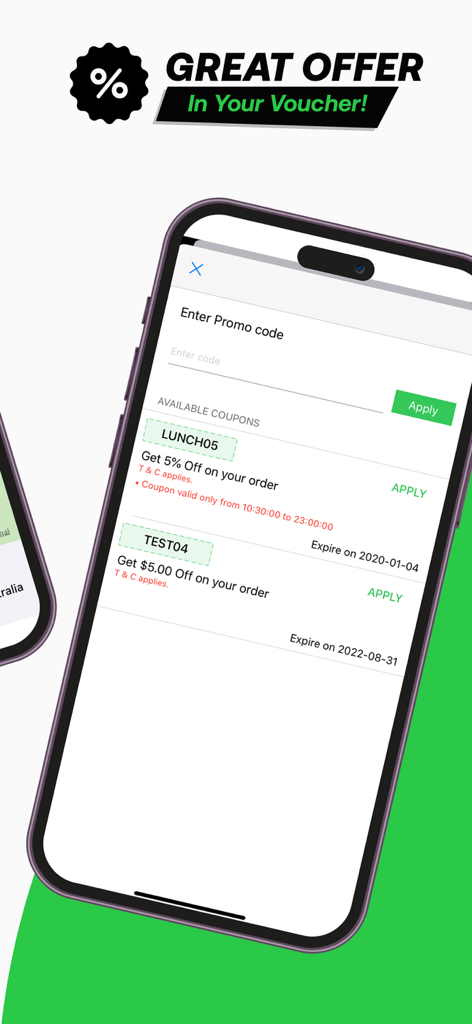 Tela do aplicativo móvel OzFoodHunter mostrando cupons de entrega de comida e códigos promocionais disponíveis