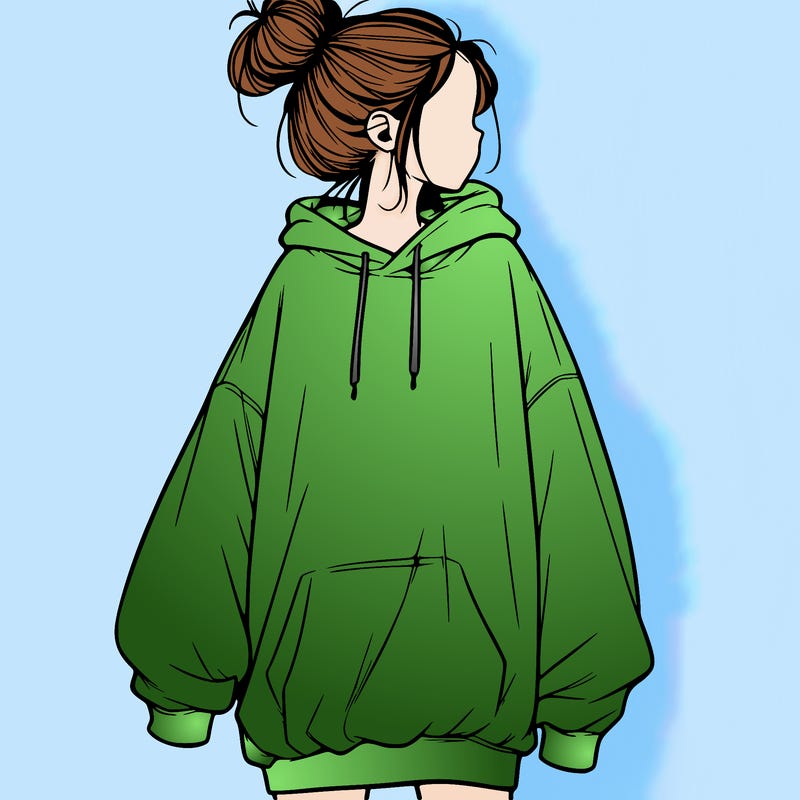 realistic girl with a oversized sweatshirt on and a bun