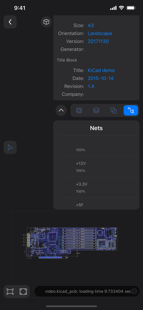 KiCAD PCB Viewer - Interfaz de la aplicación móvil de KiCAD PCB Viewer que muestra un bloque de título de lista de redes de PCB con información y una vista previa del diseño