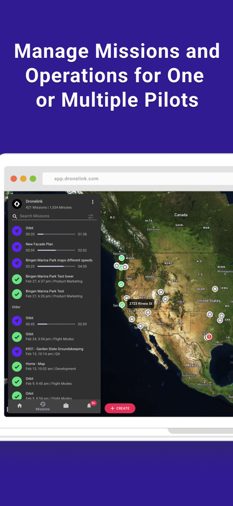 Dronelink Flight - Panel web de Dronelink Flight que muestra la gestión de misiones y mapas de operaciones de vuelo para pilotos de drones