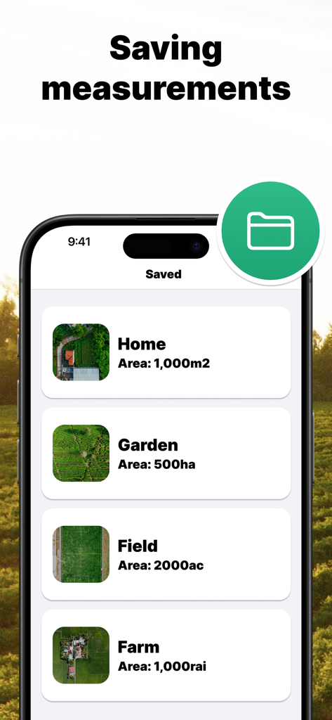 Smartphone screen displaying a list of saved land measurements for home garden and field properties