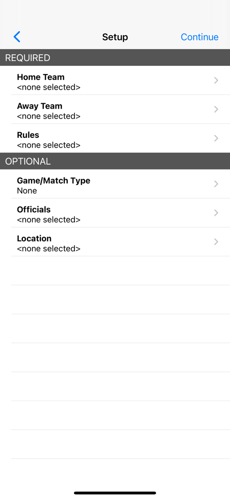 Volleyball Scorebook + Stats - Setup screen for configuring volleyball match teams and rules