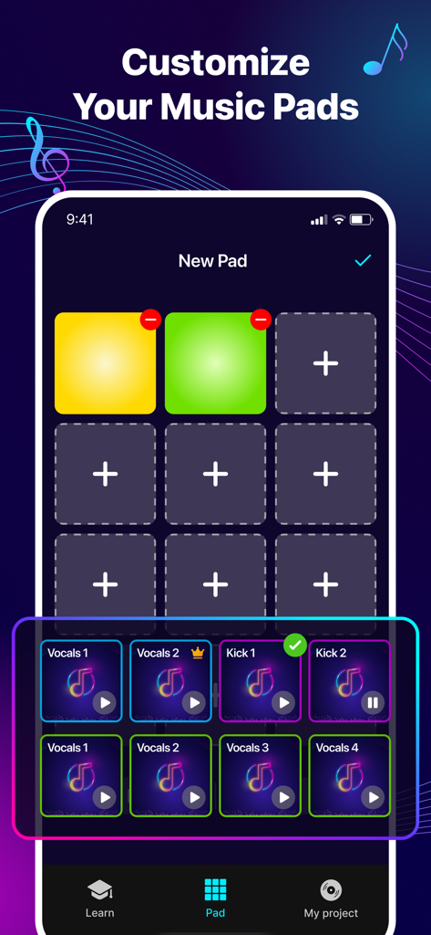 Music Pads: Beat Maker Machine - Mobile app interface showing a 3x3 grid of customizable drum pads with sound sample options for vocals and kicks.