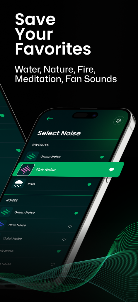 Pantalla de smartphone de la App Ruido Verde mostrando una lista de sonidos favoritos para dormir y de la naturaleza como lluvia y ruido rosa