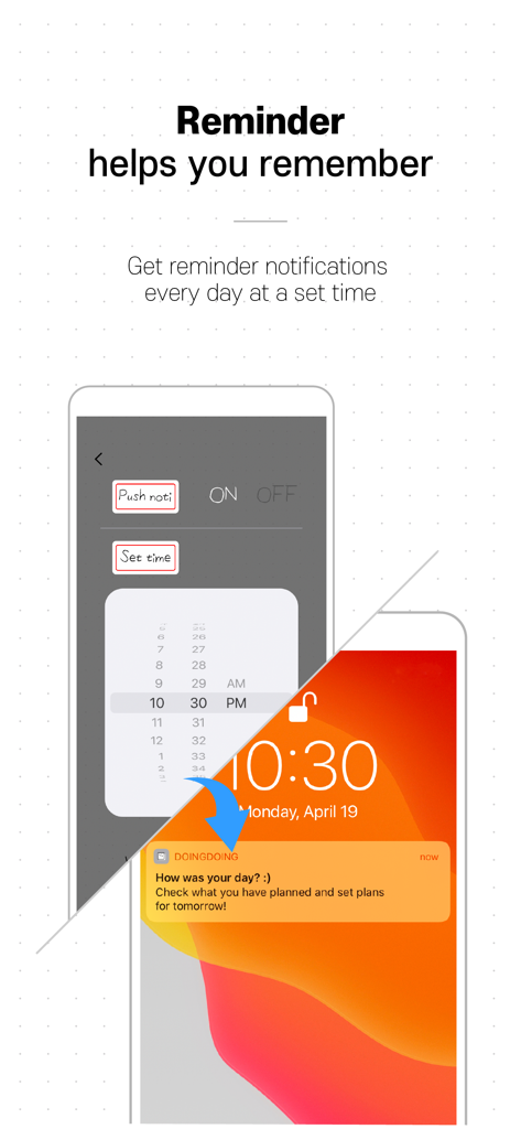 Doing Doing - Interface showing daily reminder settings in the Doing Doing app and a notification on a mobile lock screen.