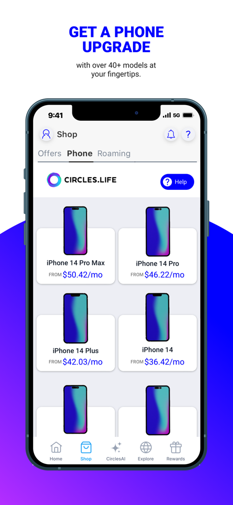 Mobile app interface of Circles.Life Singapore showing a selection of iPhone 14 models for upgrade with monthly pricing