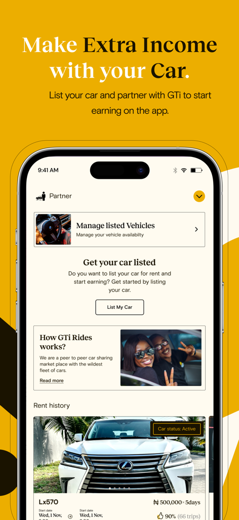 Interface of GTi Rides app for car owners to list their vehicle and earn extra income through peer-to-peer car sharing.