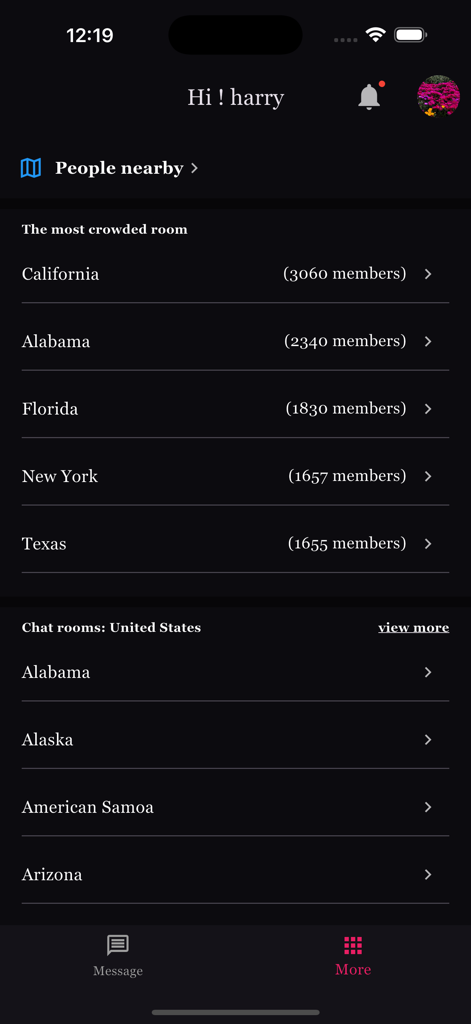 LGBT Chat - Interface of the LGBT Chat app displaying popular chat rooms by US states and member counts.