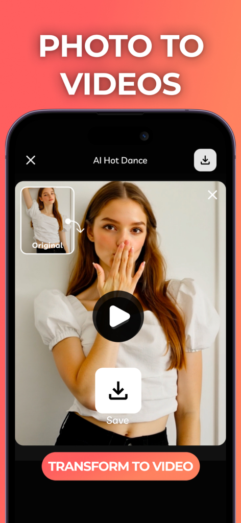 Pic+ - AI Video Generator - Smartphone screen showing the Pic plus app interface for transforming photos into AI dance videos.