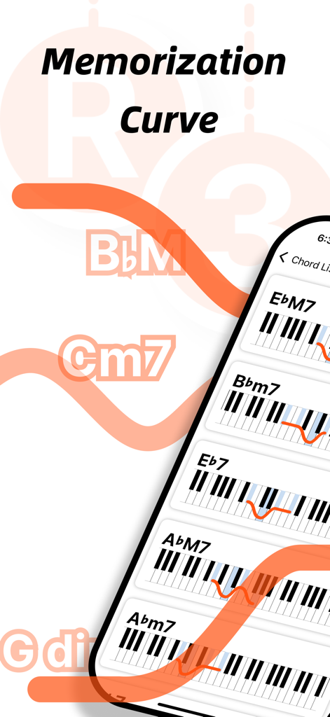 GenChord app screen showing the memorization curve feature for learning piano chords with keyboard visual aids