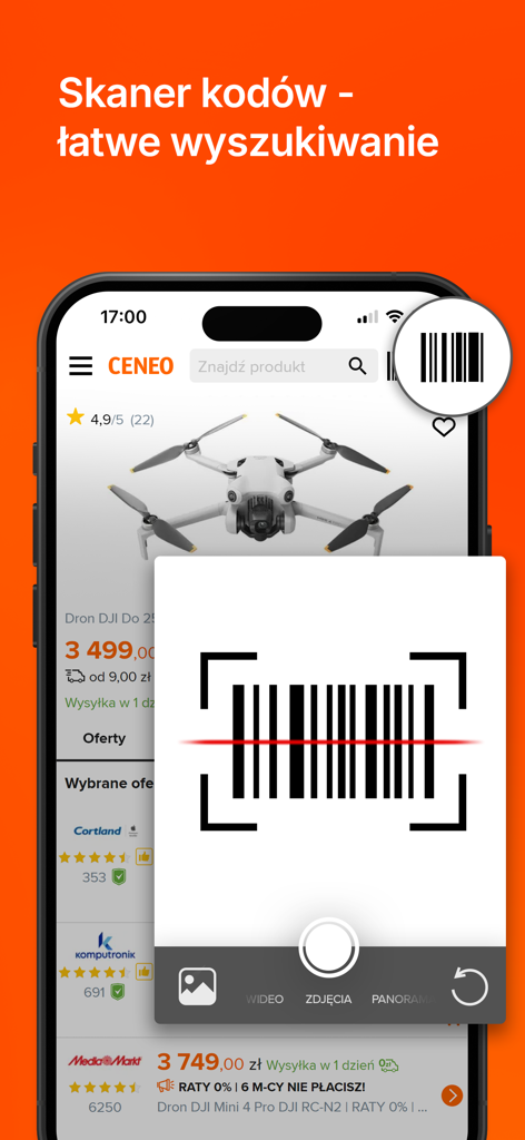 Ceneo: porównywarka cen online - Interfaz del escáner de códigos de barras de la aplicación Ceneo para comparación de precios y búsqueda de productos