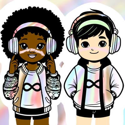 an afroamerican girl with headphones and a boy with headphones, they have an ♾️ symbol on their shirt