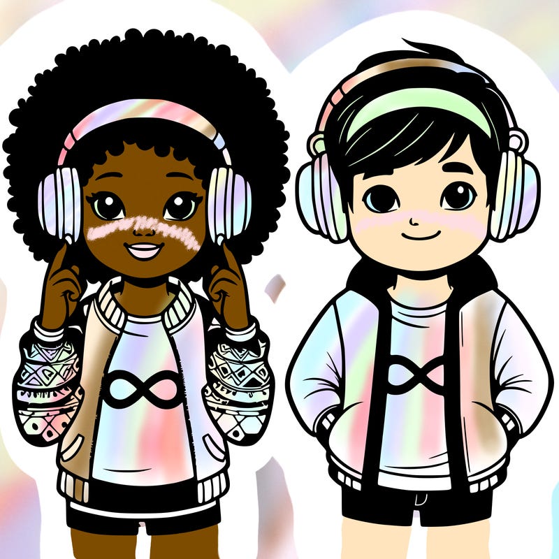 an afroamerican girl with headphones and a boy with headphones, they have an ♾️ symbol on their shirt