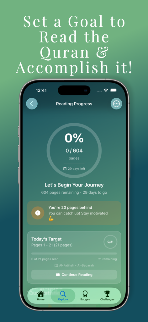 Niyyah Journey - A screenshot of the Niyyah Journey app showing a Quran reading progress tracker with a circular goal meter and daily reading targets.