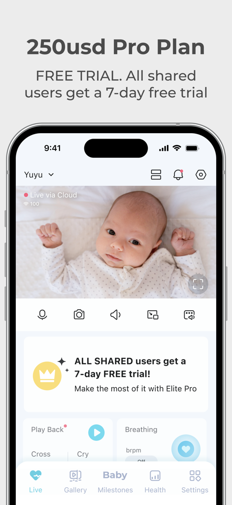 Lollipop - Smart baby monitor - Interfaz de la aplicación del monitor inteligente para bebés Lollipop que muestra una transmisión de video en vivo de un bebé durmiendo y un banner de prueba gratuita del Plan Pro.