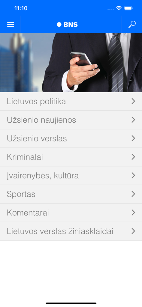Menu dell'app di notizie BNS con categorie per politica, economia e sport